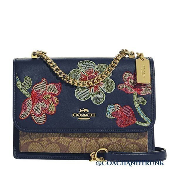 COACH Navy Leather Embroidered Dreamy Floral Klare Gold Accents & Strap NWT - Picture 7 of 12